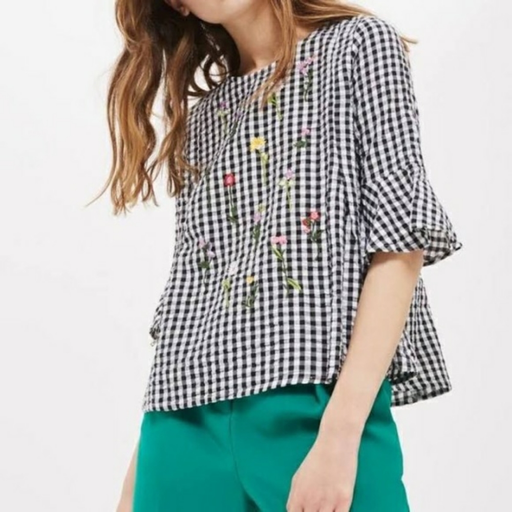 Topshop gingham floral embroidered top size 6